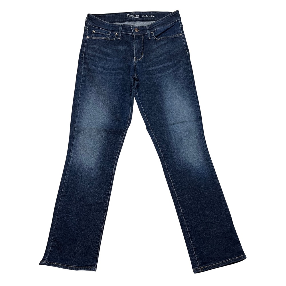 Signature Levi Strauss Women 10M Blue Modern Slim Jeans Dark Wash Stretch - Picture 1 of 10
